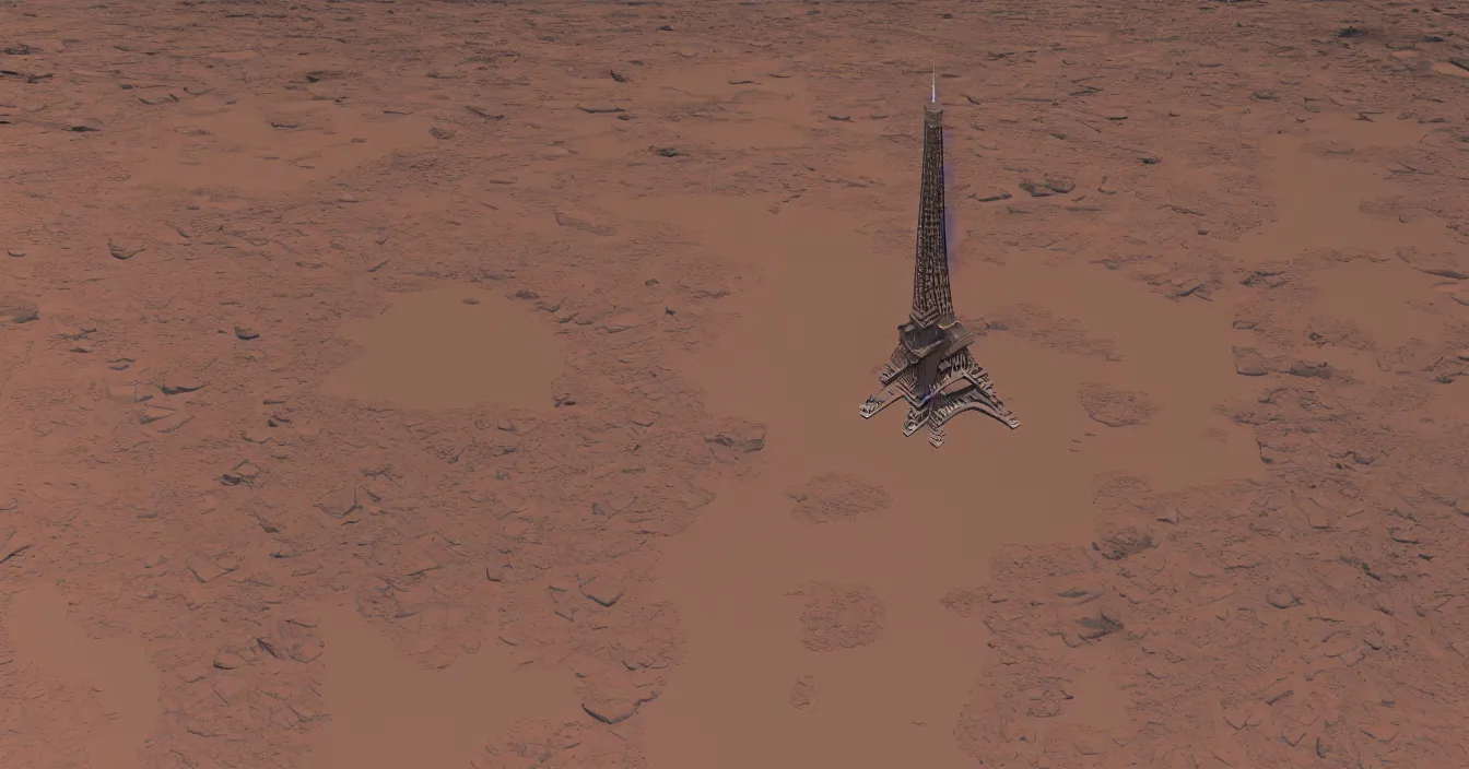 Image similar to spacecraft in the shape of the eiffel tower just landing on mars, photorealism, journalistic photography, super detail, composition, qualitative photography, vray shading, unreal engine