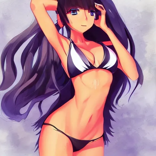 Prompt: Pretty anime girl wearing a bikini in the style of Artgerm