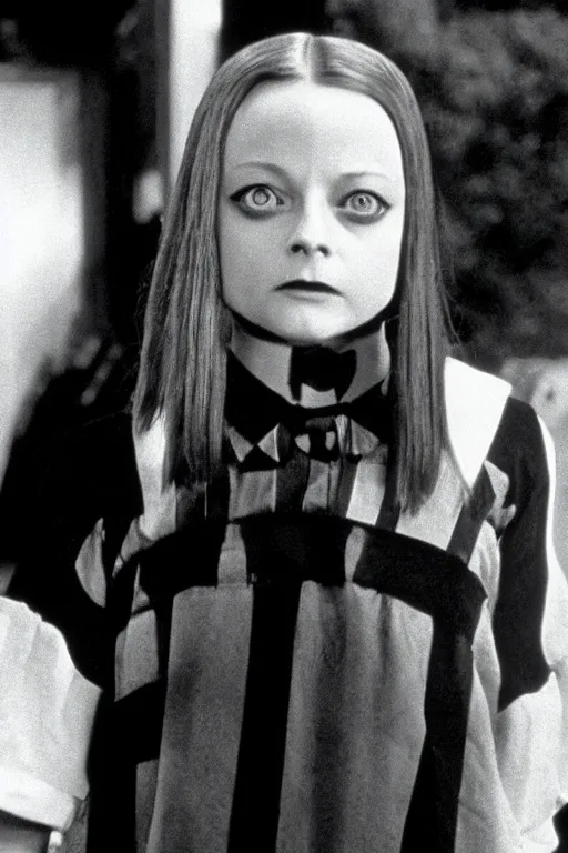 Image similar to Young Jodie Foster as Wednesday in The Addams Family movie 1991