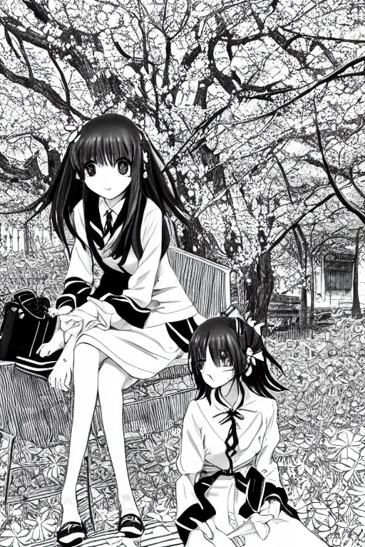 Prompt: black and white manga page, highly detailed pen, shoujo romance, two girls, first girl with long dark hair, second girl with short light hair, sailor uniform, sitting on bench, cherry blossom tree in background with petals floating, drawn by Atsushi Ohkubo