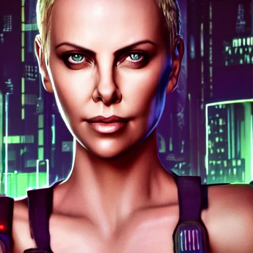 Image similar to charlize theron portrait, cyberpunk 2 0 7 7, cyberpunk judy alvarez, photorealistic, ultra detailed, neon, octane, bokeh, cinematic lighting, cyber, cyberpunk city, studio quality, feature, scars, cyberface, 8 k