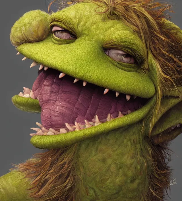 Image similar to hyper realistic portrait of muppet monster goblin, cinematic, symmetric face, dark crystal, artstation, cgsociety, alan lee, jean baptiste monge, scott radke