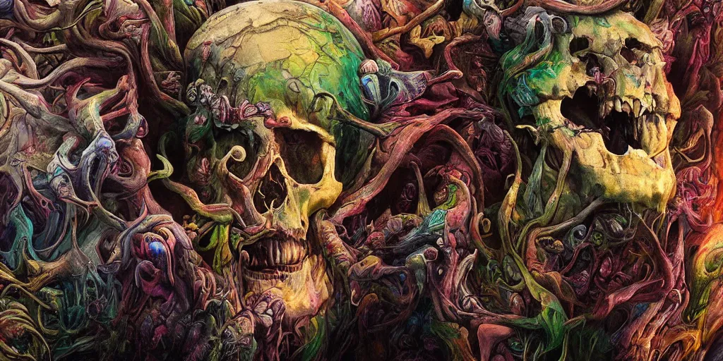 Prompt: ultrawide angle colour masterpiece surreal closeup portrait photography of mountain creature skull hybrid by annie leibovitz and michael cheval, incredible sense of depth and perspective and clarity, weird surreal epic psychedelic complex biomorphic 3 d fractal landscape in background by kilian eng and roger dean and giger and salvador dali and beksinski, 8 k