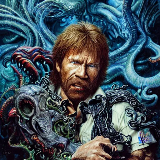 Image similar to uhd photorealistic detailed image of chuck norris defeating lovecraftian cthulhu by ayami kojima, amano, karol bak, correct face