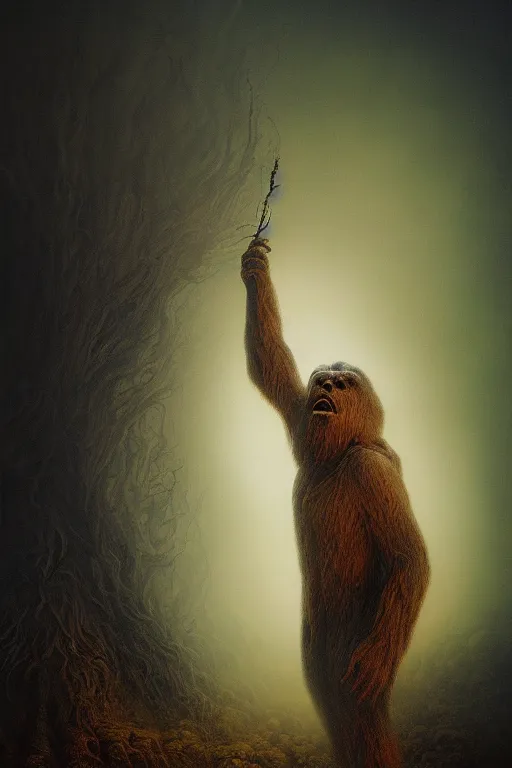 Prompt: Intricate stunning highly detailed Bigfoot by agostino arrivabene and Vladimir Kush, surreal, digital painting, ultra realistic, Horror vacui, dramatic lighting, full moon, thick black swirling smoke tornado, burning fire embers, artstation