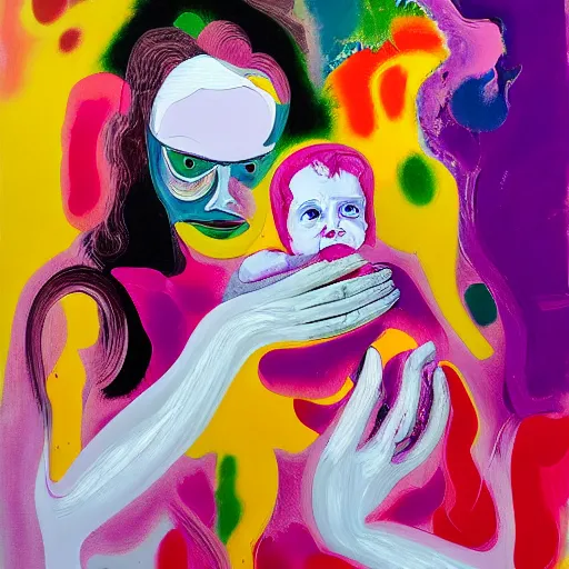 Image similar to woman holding a baby, an ultrafine detailed painting by peter max and francis bacon and fiona rae and hernan bas and anna mond, featured on deviantart, metaphysical painting, biomorphic, mixed media, photorealistic, dripping paint, palette knife texture, masterpiece