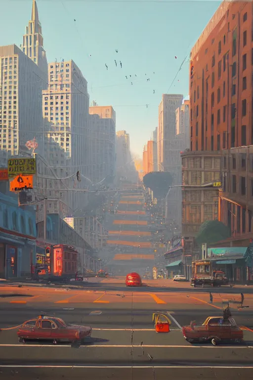 Prompt: Market Street, San Francisco; oil on canvas by Klaus Bürgle and Simon Stålenhag;