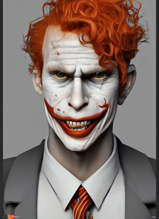 Prompt: portrait of a curly orange hair man looking like joker from batman, au naturel, hyper detailed, digital art, trending in artstation, cinematic lighting, studio quality, smooth render, unreal engine 5 rendered, octane rendered, art style by klimt and nixeu and ian sprigger and wlop and krenz cushart and marvel and dc