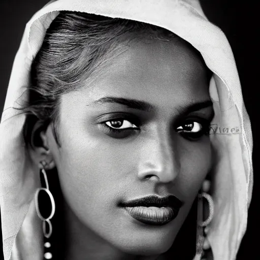 Prompt: black and white vogue closeup portrait by herb ritts of a beautiful female model, tamil, high contrast