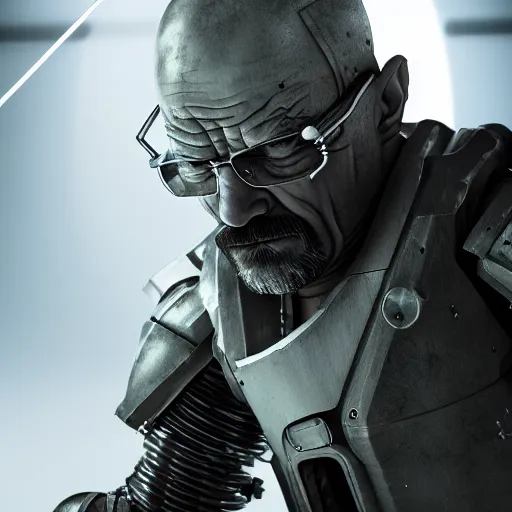 Image similar to Walter White in cybernetic battle armour with weapons, 4k octane render, highly detailed, concept art