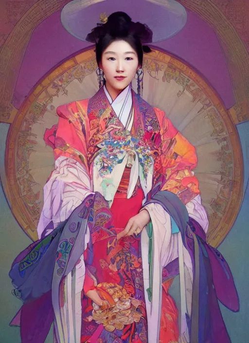 Prompt: full body portrait shot of a beautiful chinese princess wearing flowing colourful clothes, highly detailed, by alphonse mucha, rhads, ross tran, artstation, artgerm, octane render, 1 6 k