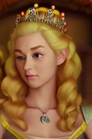 Image similar to very very intricate photorealistic photo of a realistic human version of princess peach wearing her crown in an episode of game of thrones, photo is in focus with detailed atmospheric lighting, award - winning details