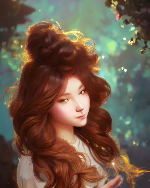 Prompt: beautiful girl brown blob hair, cute, intricate, highly detailed, digital painting, trending on artstation, concept art, smooth, sharp focus, backlit, rim light, vivid colors, illustration, unreal engine 5, 8 k, art by rossdraws and alphonse mucha