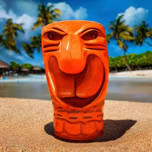 Image similar to a closeup photorealistic photograph of a glossy orange cat garfield style tiki mug sitting at a trader vic's beach bar featuring garfield's face. tiki theme. bright scene. fine detail. this 4 k hd image is trending on artstation, featured on behance, well - rendered, extra crisp, features intricate detail, epic composition and the style of unreal engine.