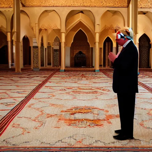 Image similar to Trump praying in mosque, award winning cinematic photography, 50 mm, blurred background, perfect faces