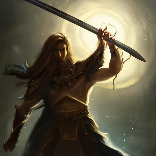 Prompt: a warrior holding a glowing magical sword on a battlefield, artstation hall of fame gallery, editors choice, #1 digital painting of all time, most beautiful image ever created, emotionally evocative, greatest art ever made, lifetime achievement magnum opus masterpiece, the most amazing breathtaking image with the deepest message ever painted, a thing of beauty beyond imagination or words