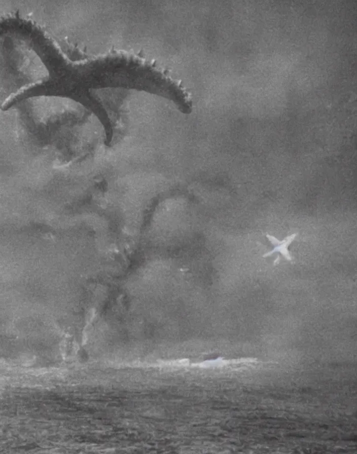 Prompt: a filmstill of a north korean monster movie, kaiju - eiga monster starfish - like trampling a traditional korean palace, foggy, film noir, video compression