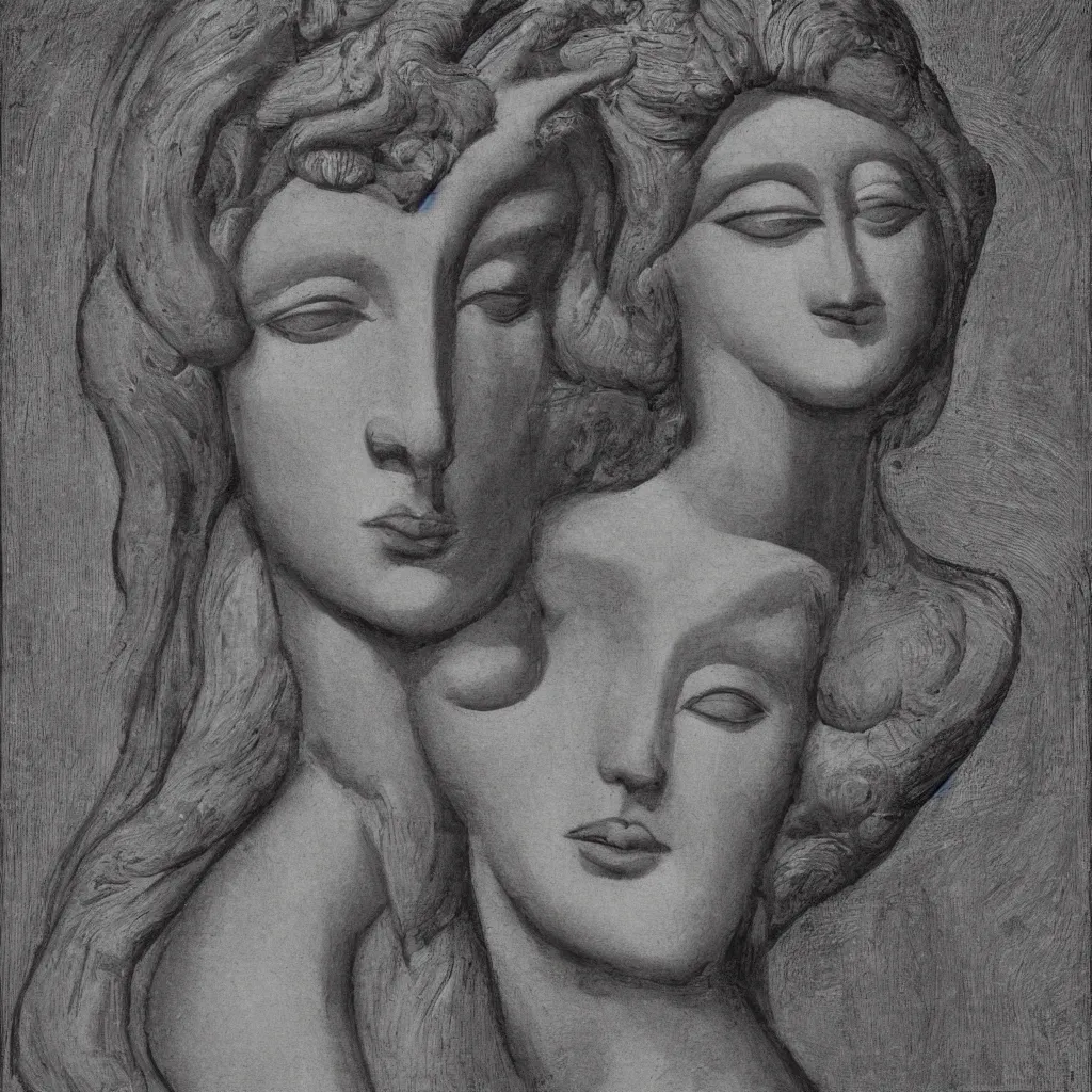 Prompt: portrait of a goddess face looking directly into the camera multiplying to infinity in the style of abercrombie, gertrude, in the style of archipenko, alexander