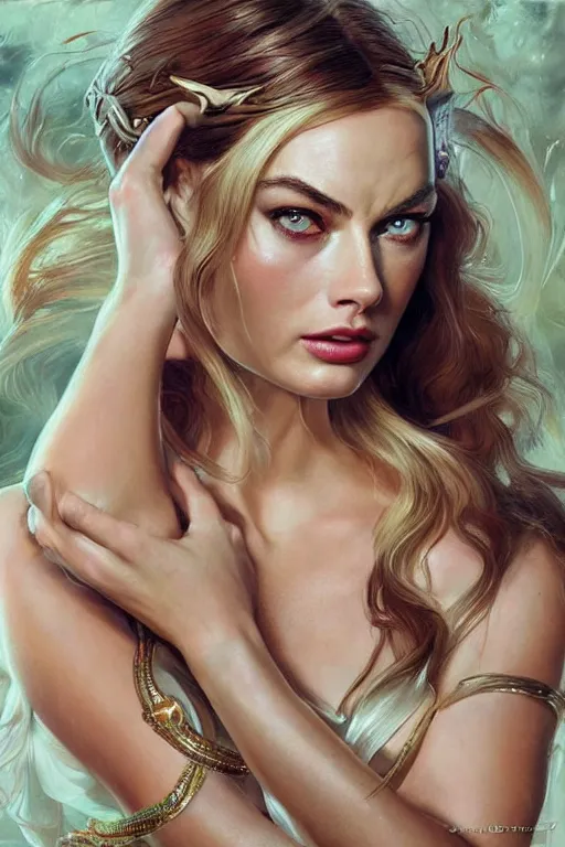 Image similar to ultra realistic illustration, a stunningly beautiful greek goddess of chaos played by margot robbie and taylor swift and megan fox and emma stone and britney spears, intricate, elegant, highly detailed, digital painting, artstation, concept art, smooth, sharp focus, illustration, art by artgerm and greg rutkowski and alphonse mucha