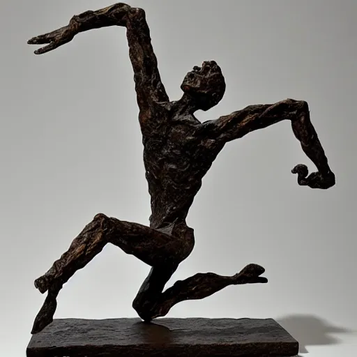 Image similar to sculpture of a cowering man, in the style of alberto giacometti