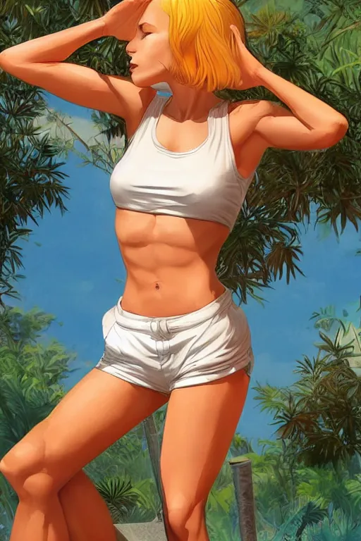 Image similar to a beautiful, very fit woman with hip-length blonde hair, wearing a short white crop top and short orange athletic shorts, stands by a swimming pool, facing forward, in the style of artgerm and moebius and annie liebovitz, photorealistic, highly detailed, trending on artstation