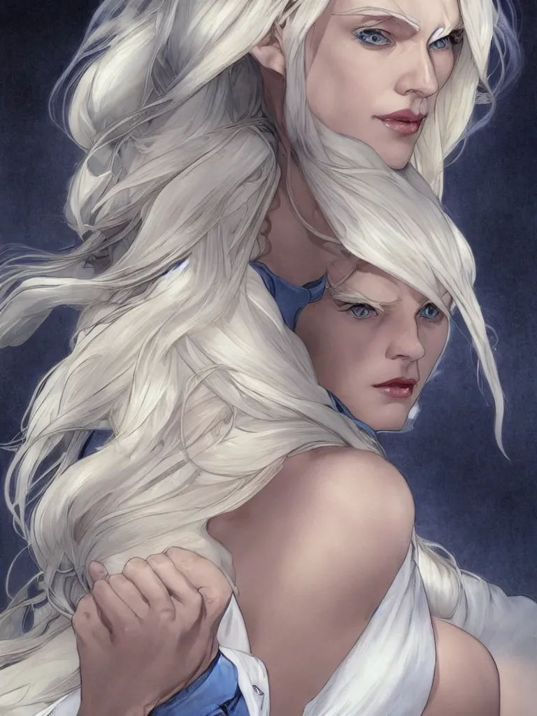 Image similar to portrait of emma frost, a beautiful woman in her 3 0 s with white blonde hair and blue eyes, dressed in a fashionable white suit, detailed face, delicate features, smooth, sharp focus, graphic novel, art by artgerm and greg rutkowski and alphonse mucha,