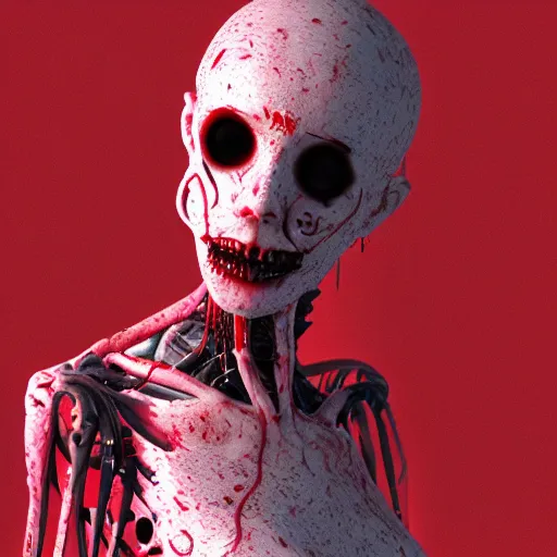 Image similar to octane render of a body horror humanoid, sharp dark shadows, black and red color palette by trevor henderson and junji ito