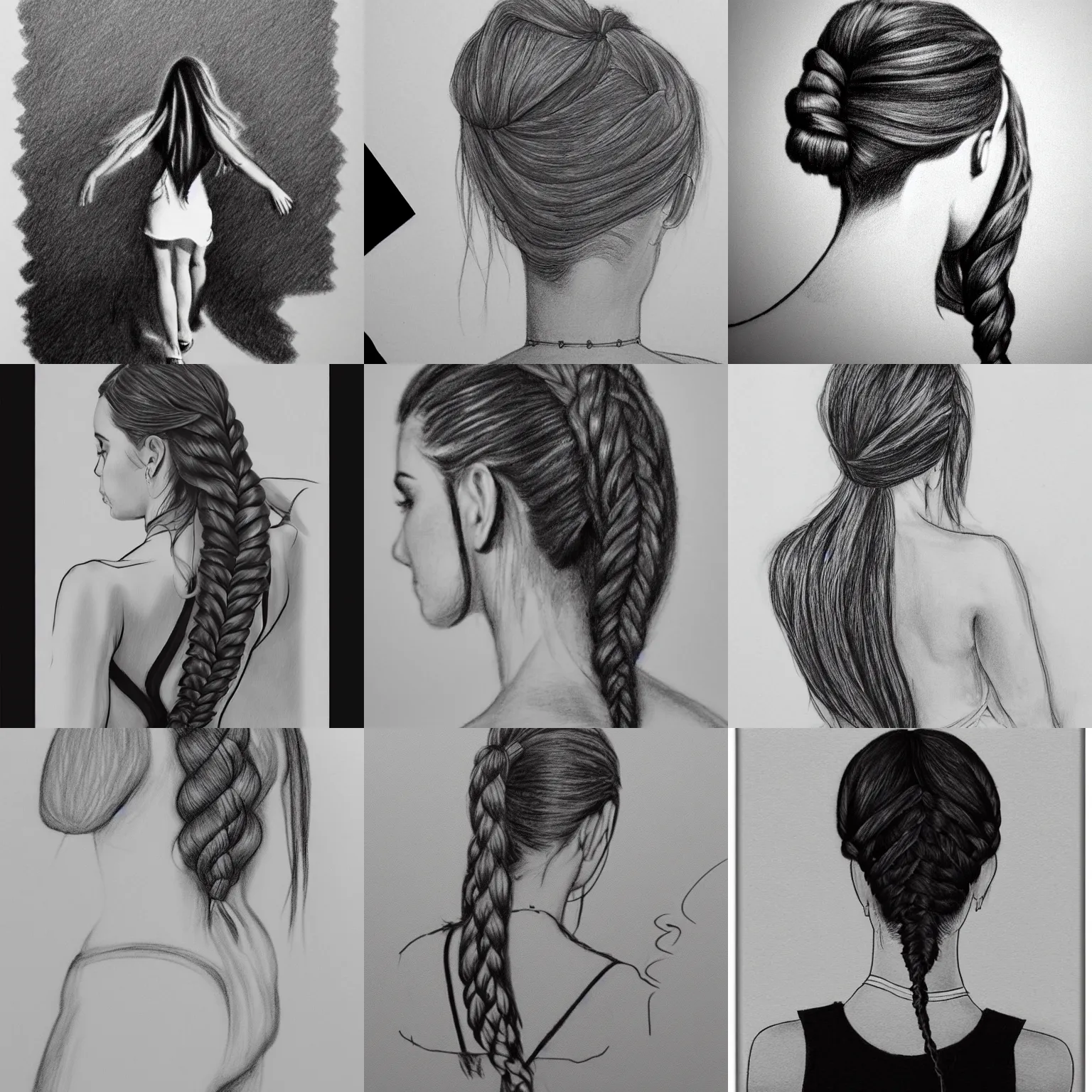 Prompt: woman girl plait hair back of head behind rear b&w black white pencil drawing artstation, open back dress