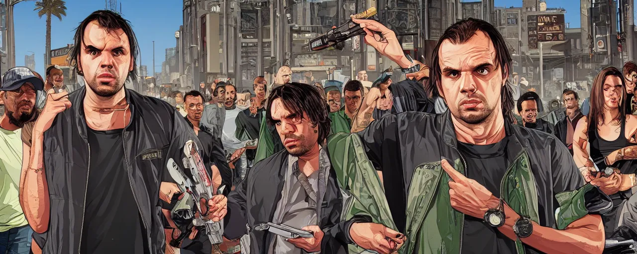 Prompt: full body of Raelsan (Orelsan) in the center of image of GTA V loading screen illustration in the style of Stephen Bliss, centered, uncrop, uncropped Orelsan very detailed GTA illustration from Stephen Bliss, full body Orelsan trending on artstation, Orelsan trending on deviantart, symmetrical face Orelsan, GTA V, Orelsan