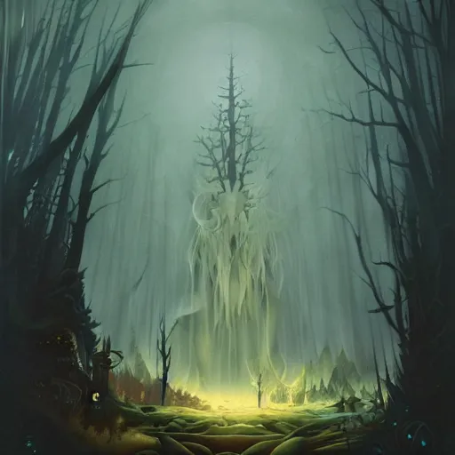 Prompt: A monster in a dark forest, Peter Mohrbacher
