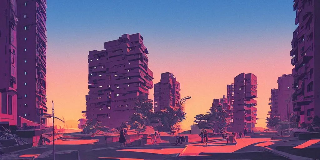 Image similar to brick apartment buildings street scene neon futuristic cyberpunk vaporwave tron glow sunset clouds sky illustration by syd mead