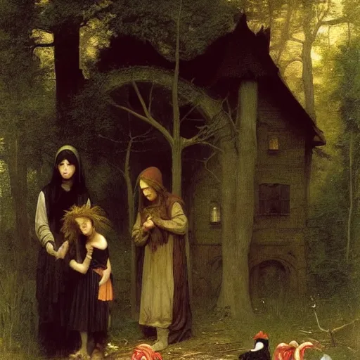 Image similar to an eerie, realistic illustration of a full-sized witch's house covered in candy in the middle of dark and twisted woods, being visited by a poor waif brother and sister, by Bouguereau, John William Waterhouse and Thomas Kincade