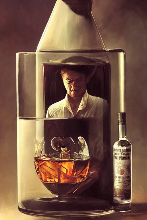 Image similar to a ship in a bottle but instead of a ship a young jack nicholson is in the bottle, jack nicholson, fancy whiskey bottle, masterpiece painting by artgerm and tom bagshaw and greg rutkowski