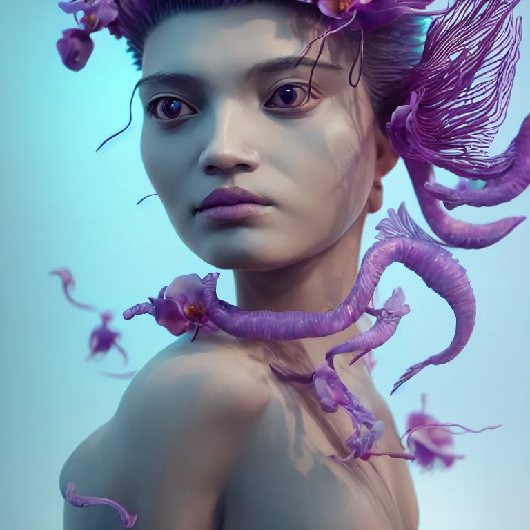 Image similar to goddess full painted acryllic sculpture close-up portrait. orchid bird phoenix jellyfish betta fish, intricate artwork by Tooth Wu and wlop and beeple. octane render, trending on artstation, greg rutkowski very coherent symmetrical artwork. cinematic, hyper realism, high detail, octane render, 8k