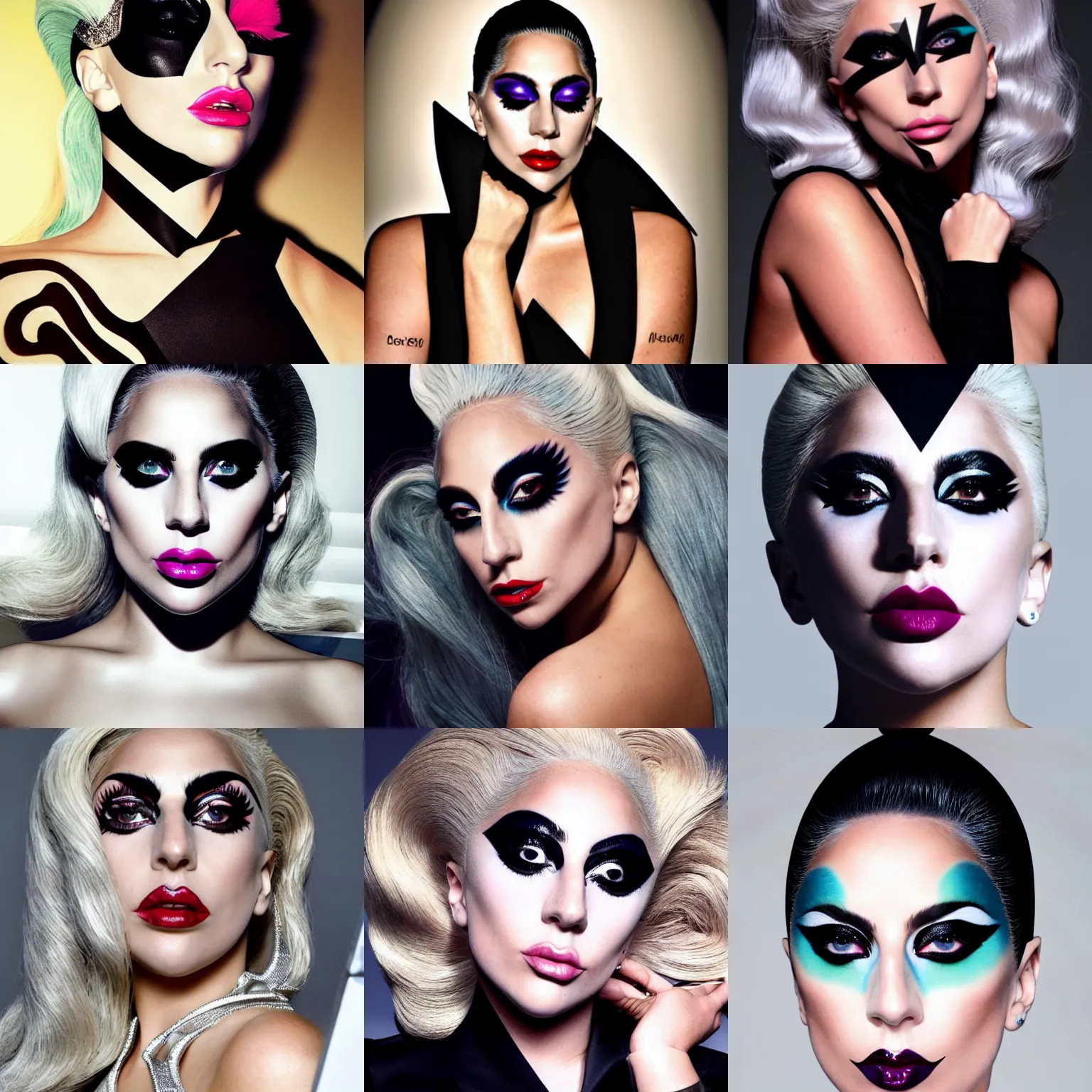 Image similar to Lady Gaga posing for a makeup shoot wearing geometric makeup, dramatic lighting