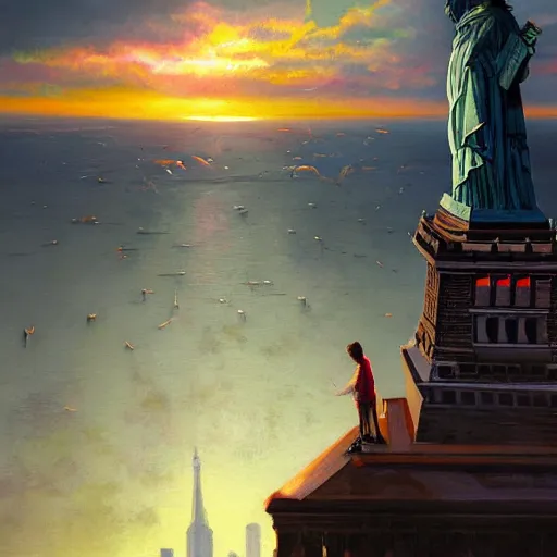 Image similar to a hyper realistic painting of a human with an eagle head, standing on the statue of liberty, watching the colorful city with highly detailed skyline, sunset, majestic, wonderful, fantasy, by Greg Rutkowski, Trending on Artstation, digital art