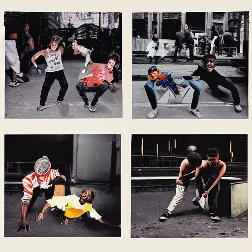 Prompt: four breakdancers battling in the bronx in 1984, by Andy Warhol, gritty, energetic, intricate, raw, Moody lightning, trending on artstation