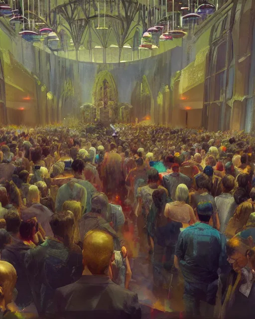 Prompt: craig mullins and moebius painting of a crowd in a futuristic church, priest, pews, ethereal, inviting, bright, unreal engine, hyper realism, realistic shading, cinematic composition, realistic render, octane render, detailed textures, photorealistic, wide shot