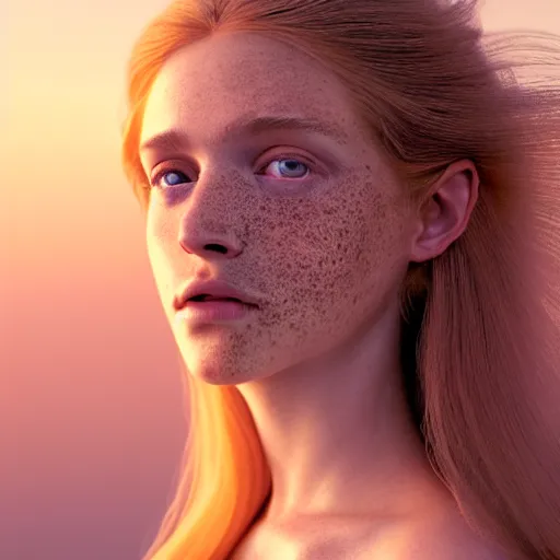 Image similar to photographic portrait of a stunningly beautiful renaissance female in soft dreamy light at sunset, freckles, extremely long flowing hair, contemporary fashion shoot, by edward robert hughes, annie leibovitz and steve mccurry, david lazar, jimmy nelsson, breathtaking, 8 k resolution, extremely detailed, beautiful, establishing shot, artistic, hyperrealistic, beautiful face, octane render