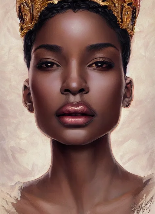 Prompt: portrait of a stunningly beautiful young black woman wearing a crown, highly detailed, digital painting, artstation, concept art, sharp focus, illustration, art by artgerm and greg rutkowski and alphonse mucha, incredibly beautiful and symmetrical face, incredibly detailed, award winning art, royal