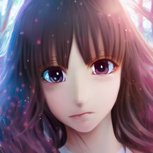 Image similar to 3d portrait of an adorable anime girl with long brown hair, looking partly to the left, blue shining eyes, light makeup, light pink lipstick, bokeh forest background, 4k, highly detailed, anime art style