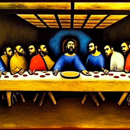 Image similar to the last supper painted by David Alfaro Siqueiros detailed, hyper-detailed, very realistic