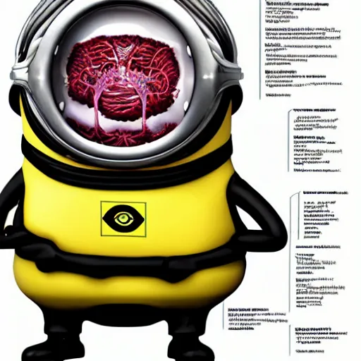 Image similar to A detailed biological anatomy of a minion, photorealistic, textbook, scientific