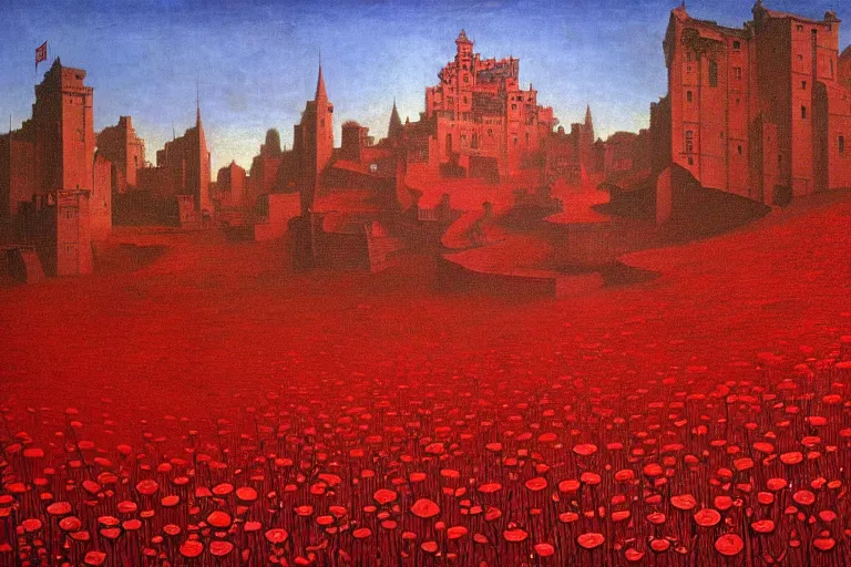 Image similar to only with red, red flowers of different types, a red tiger, a castle in the background, medieval demons dance over the flowers, an ancient path, in the style of beksinski, part by hopper, part by rodcenko, part by hofbauer, intricate composition, red by caravaggio, insanely quality, highly detailed, masterpiece, red light, artstation