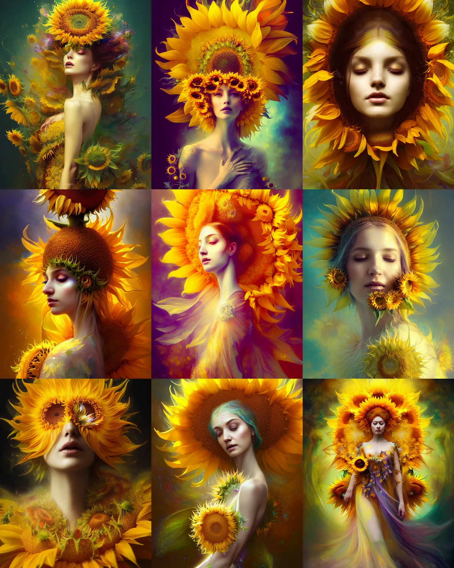 Image similar to Full View Portrait Mystical ethereal sunflower deity wearing beautiful dress, sunflower Dryad, 4k digital masterpiece by Anna dittman and Ruan Jia and Alberto Seveso, fantasycore, Hyperdetailed, realistic oil on linen, soft lighting, sunflower background, featured on Artstation