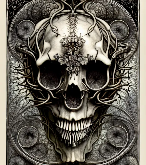 Image similar to art forms of nature by ernst haeckel, memento mori by arthur rackham, ornate antique porcelain beautiful skull mask, ultrasharp, photorealistic, hyperdetailed, octane render, polished, art nouveau, neo - gothic, gothic, intricate ornamental organic filigree, art nouveau botanicals, art forms of nature by ernst haeckel, horizontal symmetry, symbolist, visionary