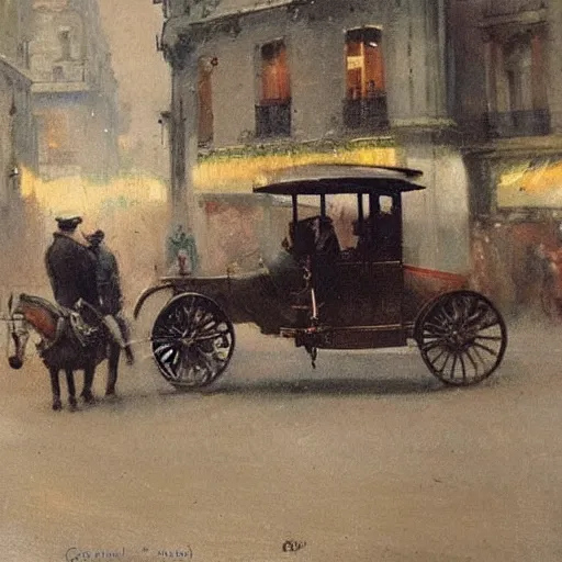 Image similar to artist ewan mcgregor is walking in early 2 0 th century paris. he is a gentleman and wears a bowler hat, horses, horse carts, horse cartridges on streets, walking ladies and gentlemen an early car prototype, early 2 0 th century tram, by d'edouard cortes