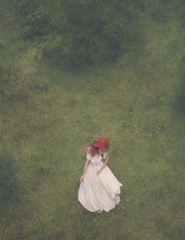 Image similar to lolita on a village, high angle view, portrait, Cinematic focus, Polaroid photo, vintage, neutral colors, soft lights, foggy, by Steve Hanks, by Serov Valentin, by lisa yuskavage, by Andrei Tarkovsky 8k render, detailed, oil on canvas