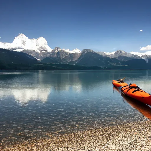 Image similar to a beautiful image of a breathtaking lake with amazing mountains in the background, there is a kayak in the foreground on the beach. landscape image