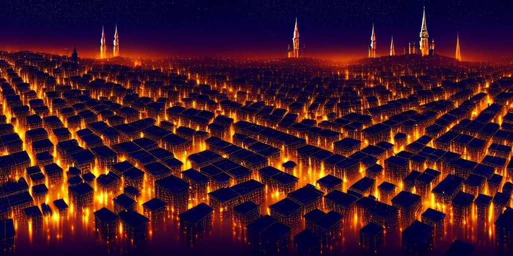 Image similar to magical city of the Great Tartarian Empire adorned with amazing lost technology, lights resembling fireflies, spires from rooftops collecting and distributing etheric energy, cityscape seen at night from above, combining intense detail & utmost quality, very complex, very coherent, bioluminiscent creatures by Christian Hecker, Artstation, - H 832